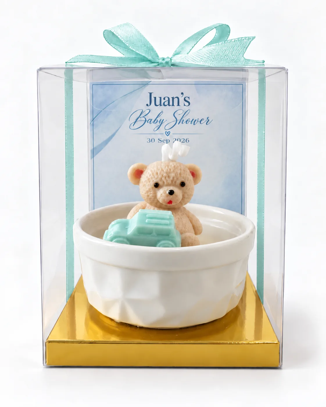 Recordatorio de baby shower personalizado en tonos azul, con nombre y fecha.
