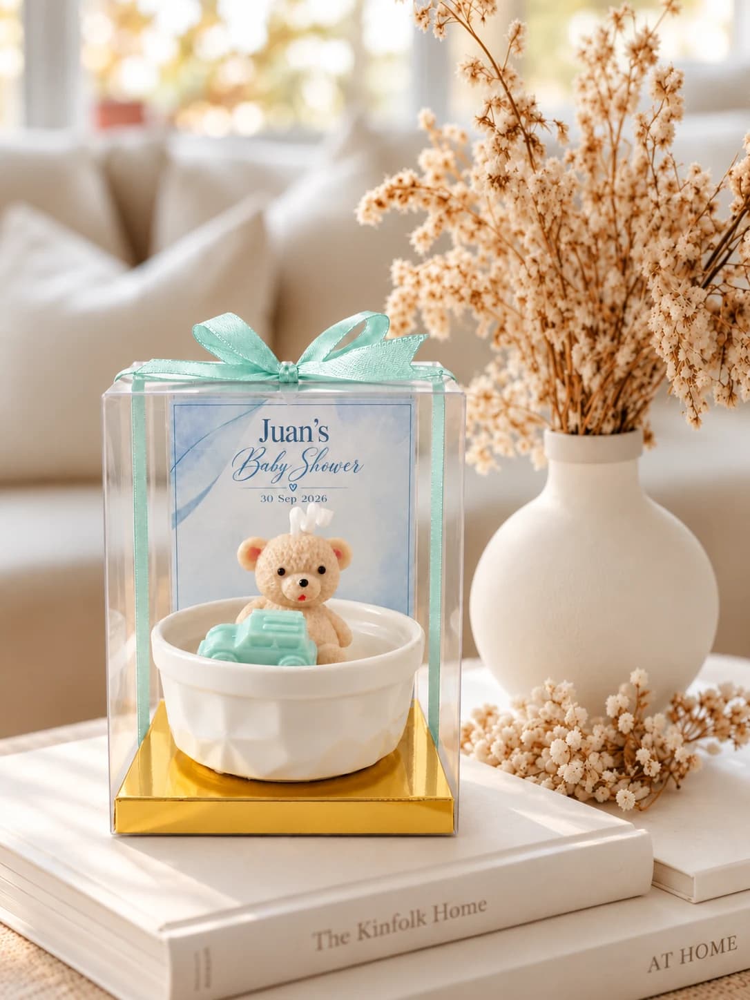 Recordatorio personalizado de baby shower en tonos azul