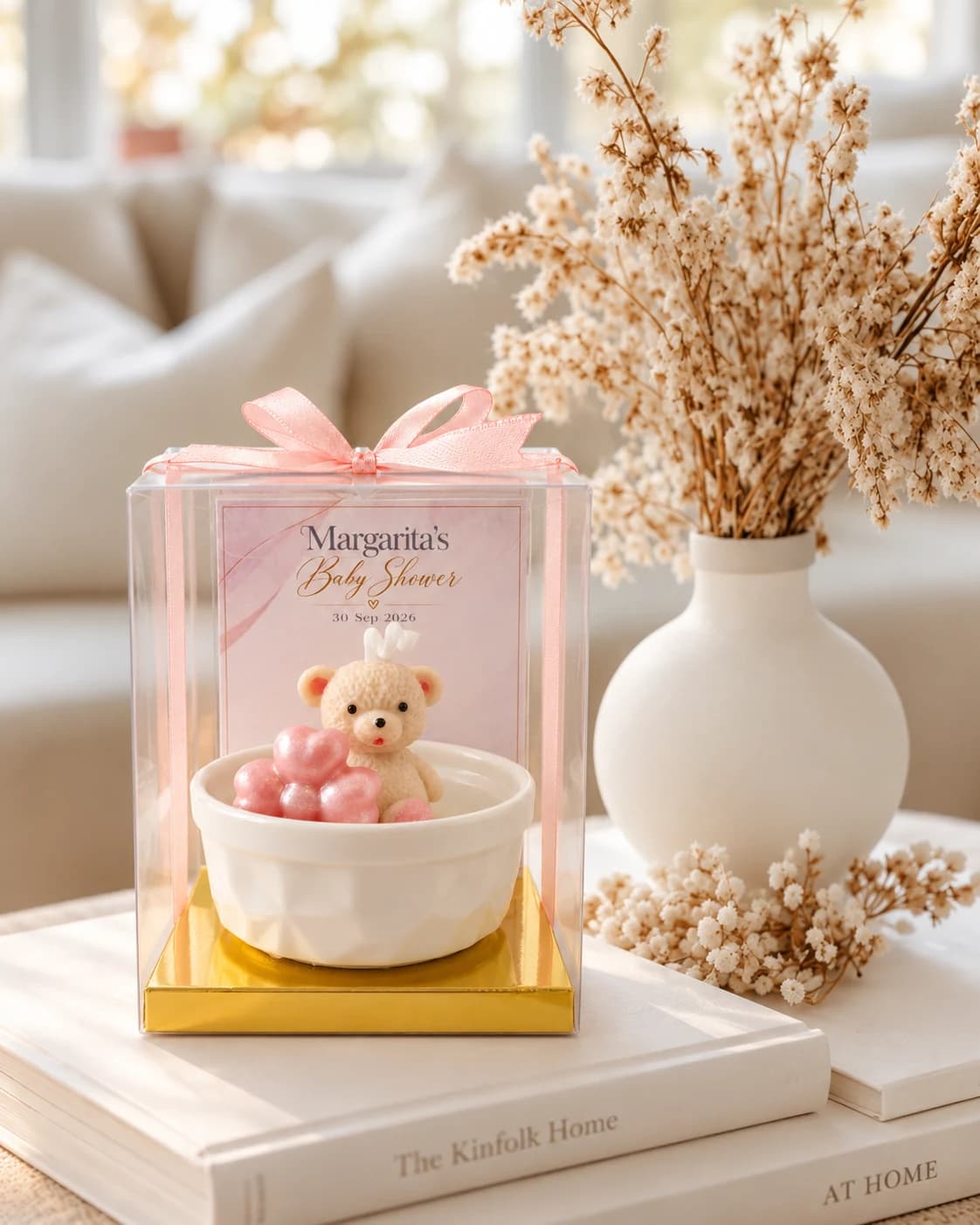 Recordatorio personalizado de baby shower en tonos rosa